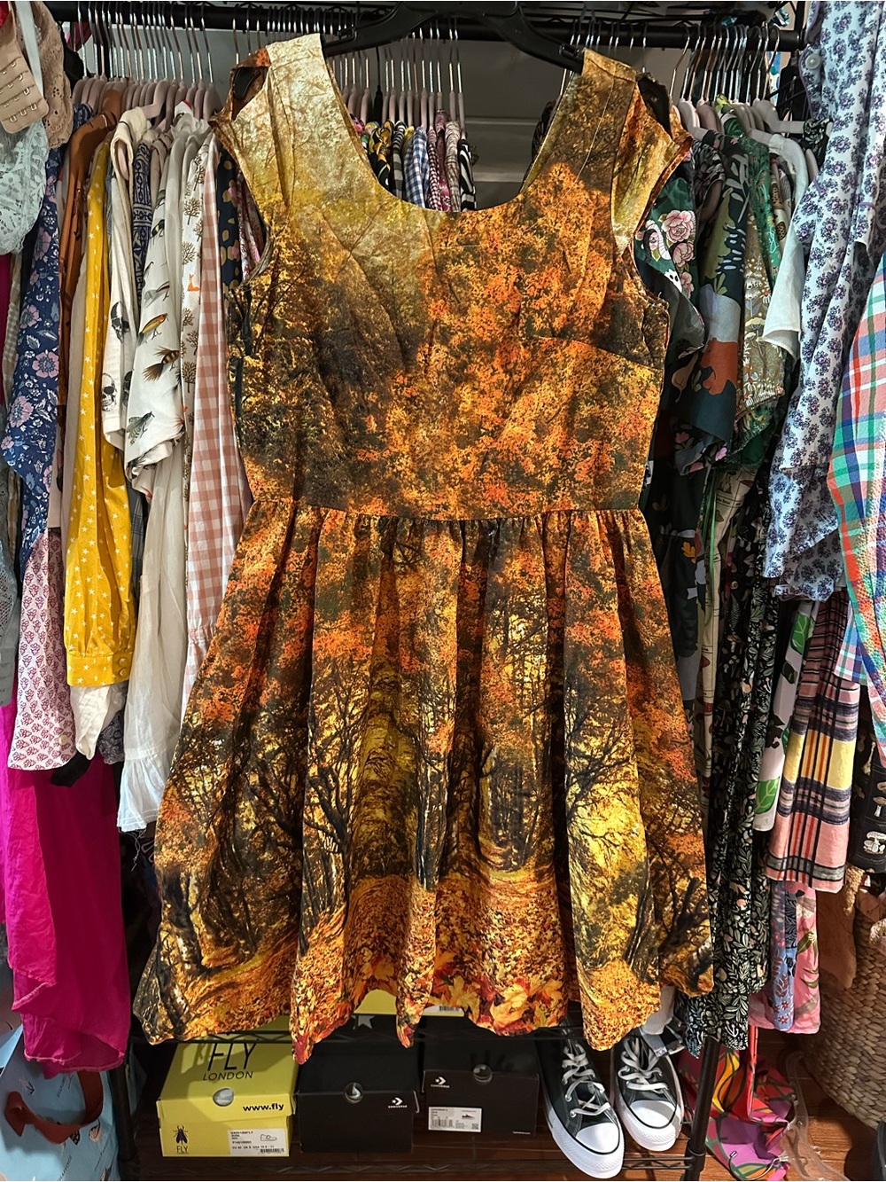 RETROLICIOUS Autumn Leaves Print Dress Cotton NWOT XL Trees 🌳 Nature 🍁 Fall 💀🎃🪶
